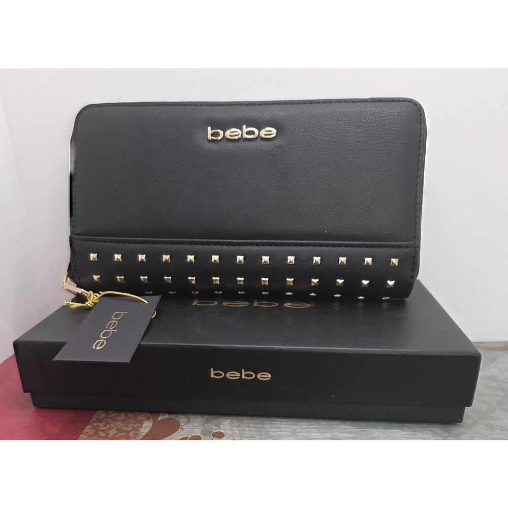 New Bebe Zip Around Wallet Brooklyn Style Studded Black Pebbled In Box 7.5 x 4